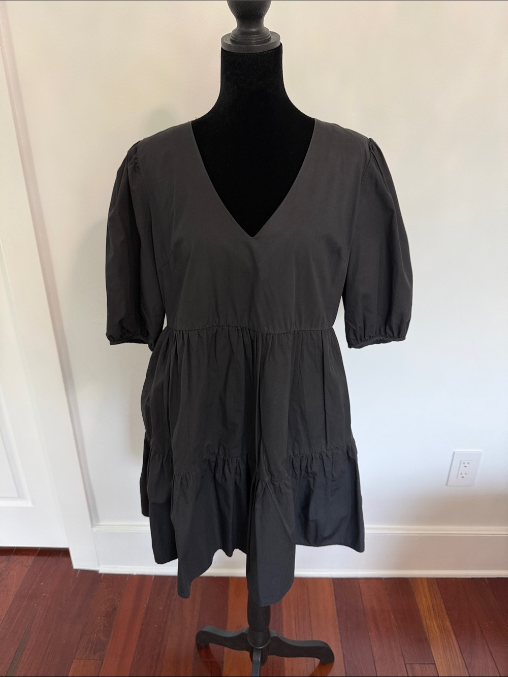 Aqua Black V-Neck Tiered Mini Dress with Puff Sleeves
